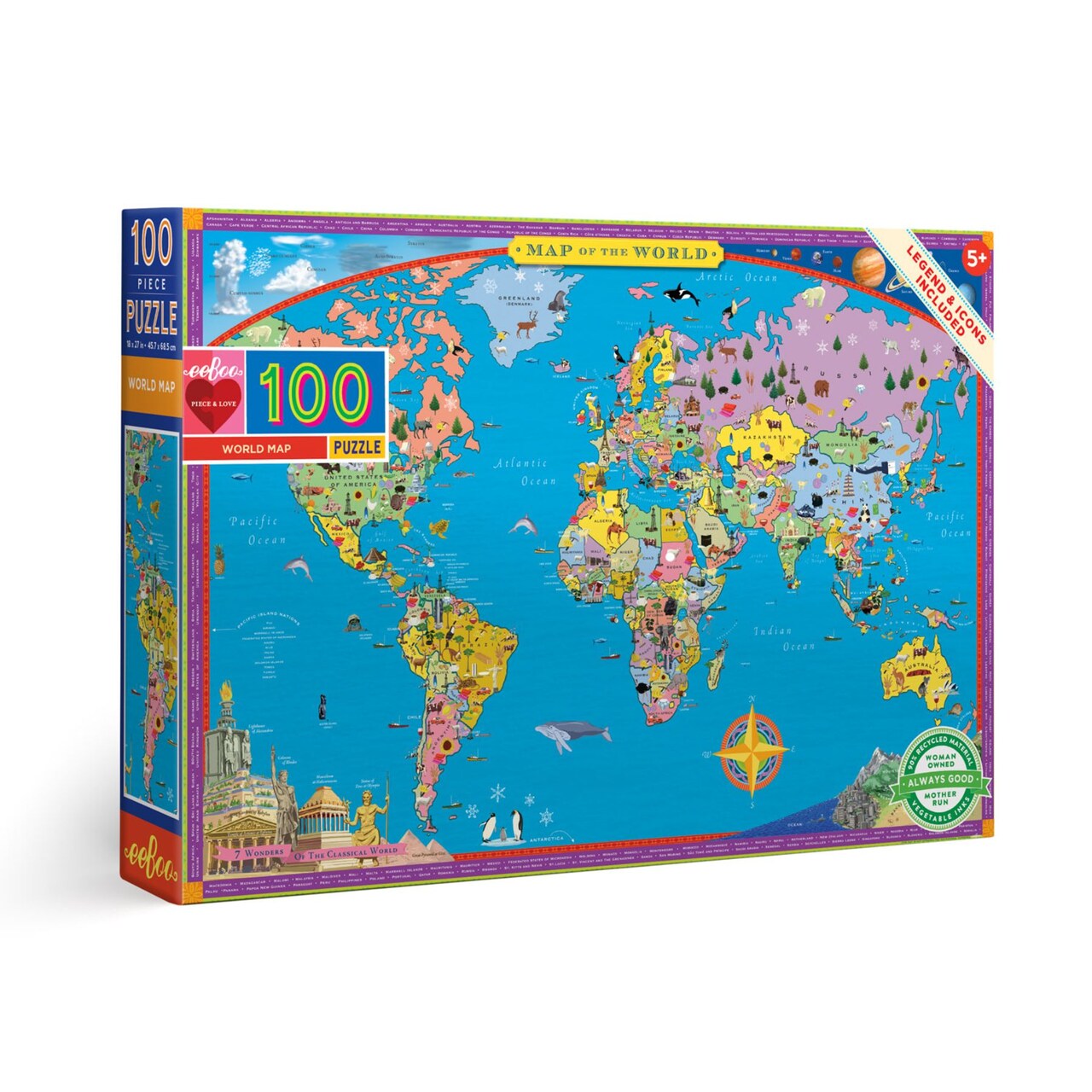 eeBoo: World Map 100 Piece Puzzle, Provides Wanderlust to All Ages, 100 Glossy Pieces That Fit and Snap Together with Ease, includes a Legends and Icons Glossary, Perfect for Ages 5 and up